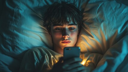 A young man is lying in bed with his phone in his hand, looking at the screen