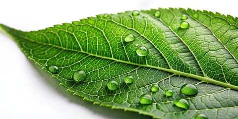 Tilted angle green leaf with water drops on white background