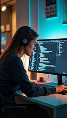 female software developer coding on computer in illuminated office