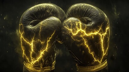 Glowing boxing gloves with yellow lightning signify the violent energy and impact of a powerful attack, set against a dark background.