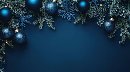 festive cobalt blue background with christmass decoration and copy space, happy new year