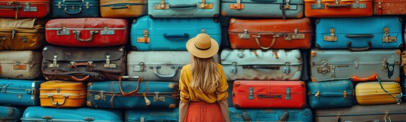 Woman standing in front of a wall of luggage, travel concept, banner, copy space