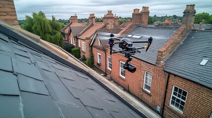 A small drone hovers above a residential property, capturing detailed images of the roof for inspection. The drone’s camera focuses on potential problem areas, such as gutters and skylights