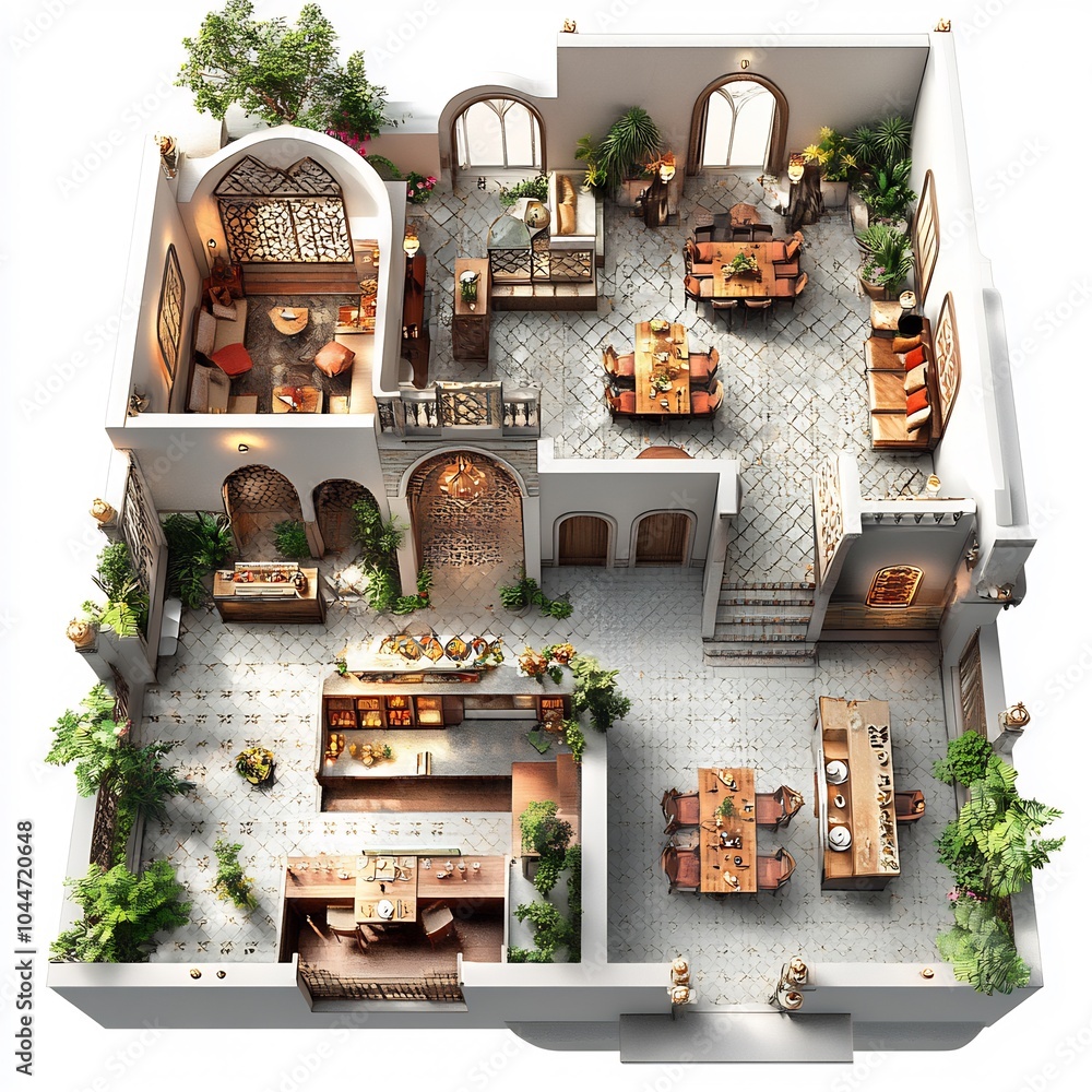 3d top view of ethnic restaurant with distinct zones for multiple ...