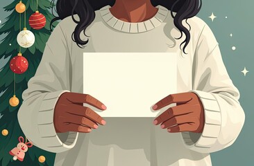 close-up of a woman with dark skin and black long hair in a white sweater holding a postcard in her hands with space for text