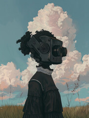 Woman with a robot head is standing in a field. The sky is cloudy and the grass is tall. concept art illustration background artwork blue closeup portrait pastel straw empty mental state abstract