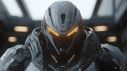A futuristic robot wearing a helmet with glowing eyes, standing in a dimly lit futuristic environment.