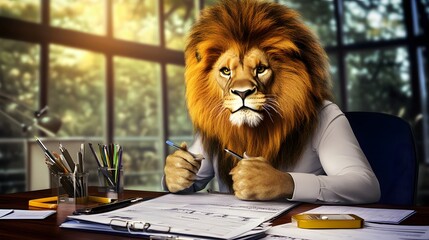 Poster - A lion in a white shirt sits at a desk with paperwork and a calculator in front of him.