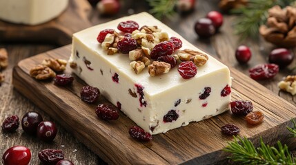 Canvas Print - Creamy cheese mixed with cranberries nuts and raisins displayed on a rustic wooden cutting board