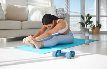 house, stretching and woman with fitness, wellness and exercise for flexibility, pilates and breathi