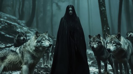 woman cloaked in darkness with wolves standing at her side