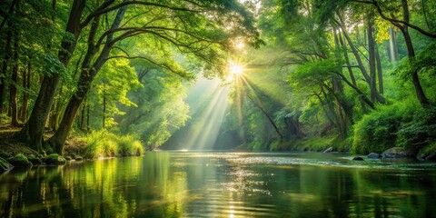 tranquil flowing river with sunlight filtering through dense forest canopy