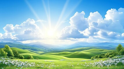 Beautiful landscape with green hills, blue sky, white clouds and sun shining.