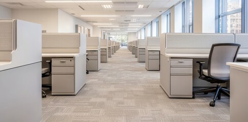 Spacious and clean office with white walls and modern lighting, perfect for productivity and creativity.