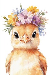 A charming chick adorned with a floral crown poses sweetly in a whimsical spring setting