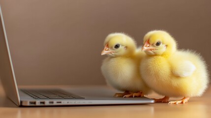 Curious chicks exploring technology on a laptop