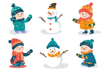 Children playing joyfully in the snow, building snowmen and enjoying winter activities outdoors