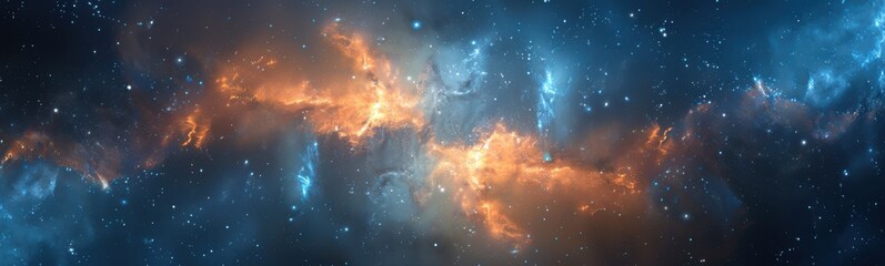Wall Mural - Starry sky with orange and blue stars and a black background, banner, copy space