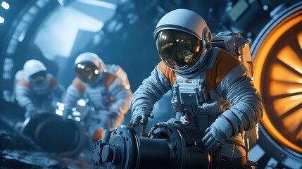 three astronauts conduct a detailed operation inside a futuristic spaceship, showcasing advanced spa