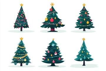 Wall Mural - Six decorative Christmas trees adorned with lights and ornaments in a festive arrangement