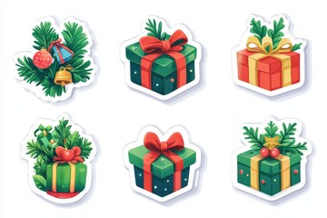 Wall Mural - Colorful holiday gift stickers featuring green and red presents with festive decorations