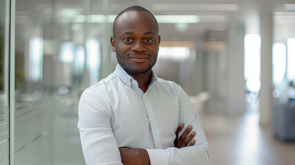 Confident businessman with crossed arms standing in a modern office, wearing a white shirt, with a warm smile and professional demeanor