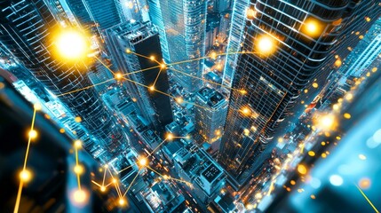 Connecting dots in a smart city, technology metaverse concept. Bangkok city background at night with big data in Thailand.