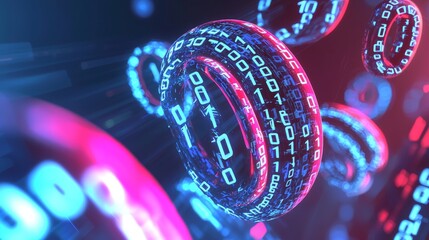 An abstract representation of digital data flow, with glowing lines and binary code in blue and red.