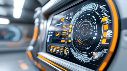 Data graphs and digital information are displayed on a futuristic interface
