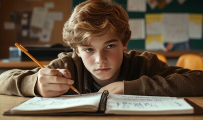 Young boy writing in notebook with pencil.