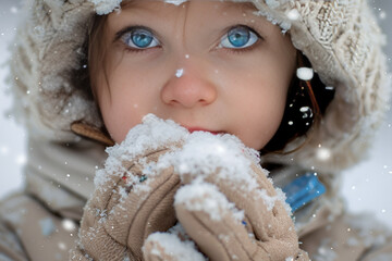 A close-up portrait of an adorable child holding snow, smiling and looking at the camera with joy during a winter day in the park on a cloudy day, Generative AI