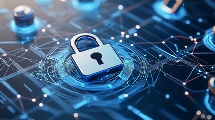 In a complex interface of cyber security network lines and glowing dots, a padlock icon symbolizes data protection, encryption, and information security.