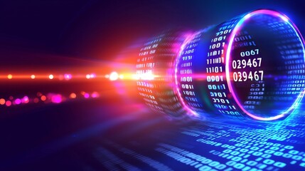 Red and blue dots glow in a pixelated digital data stream encrypting with binary code.