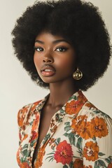 Model in retroinspired floral print dress, large afro, warm neutral backdrop, 70s chic elegance