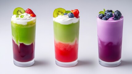 Three colorful drinks in tall glasses with fruit on top. Ice tea, cold foam, slushy, pink, green, watermelon, lime and strawberry, make taste swirled in layers. product photo, three ice teas.