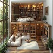 © Arqumaulakh50 - Home library with expansive builtin shelves a sliding ladder and a peaceful reading alcove top view 3D render showcasing a detailed floor plan isolated on a clean white background