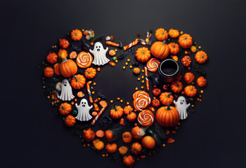 A heart-shaped arrangement of Halloween decorations, including pumpkins, candy, and ghosts, against a dark background.