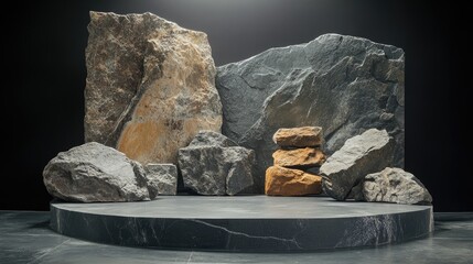 Sticker - Rock and stone display podium featuring a dark gray studio backdrop