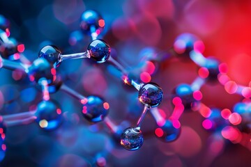 Molecular structure reflecting red and blue lights on a scientific background