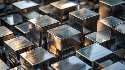 2410 113.A detailed shot of metal blocks stacked in a uniform grid, each block featuring a smooth, polished surface. The reflective qualities of the metal create a dynamic interplay of light and