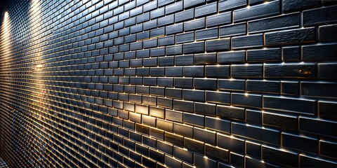 Wall Mural - spotlight on metallic black brick wall with dramatic texture