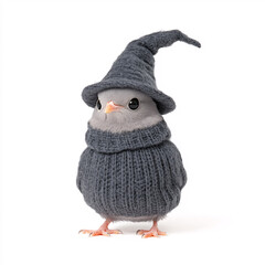 This charming image features a cute bird dressed in a knitted sweater and a witch hat blending nature with playful fashion