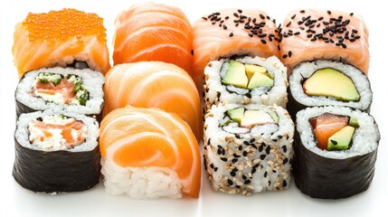 A collection of fresh sushi rolls featuring salmon avocado and black sesame seeds Includes Japanese uramaki and California roll on a white background