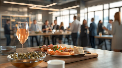 Wall Mural - Business event in an office with a crowd of employees Food and drink in a meeting or conference room with business people in the background Blurred shot of business people at a party in the office