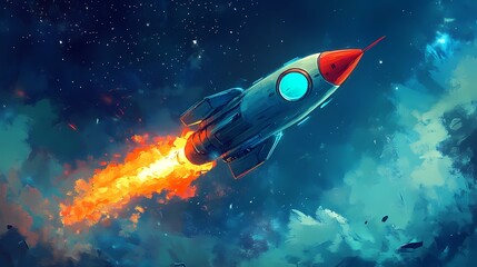 Futuristic rocket soaring through a vibrant cosmic landscape.