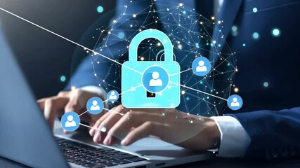 Wall Mural - businessman using laptop with a padlock hologram background.