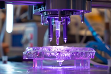 Industrial robotic arm is printing a 3d model with liquid polymer at a technology exhibition