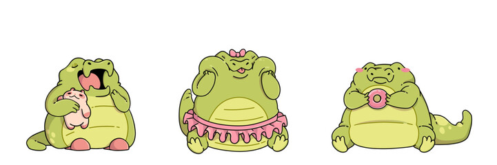 Cute crocodile characters set isolated on white background. Contemporary vector cartoon illustration of fat alligator mascots yawning and hugging toy, wearing pink skirt and bow, eating sweet donut