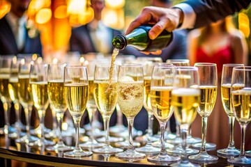 A man is pouring champagne into a row of glasses