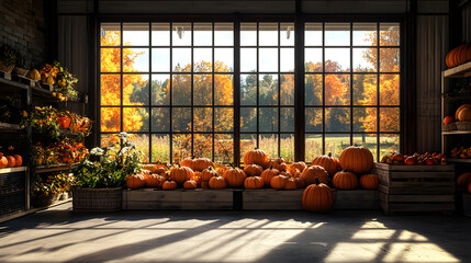 A harvest storage facility with large windows, allowing natural light to shine on the autumn produce inside for Thanksgiving.